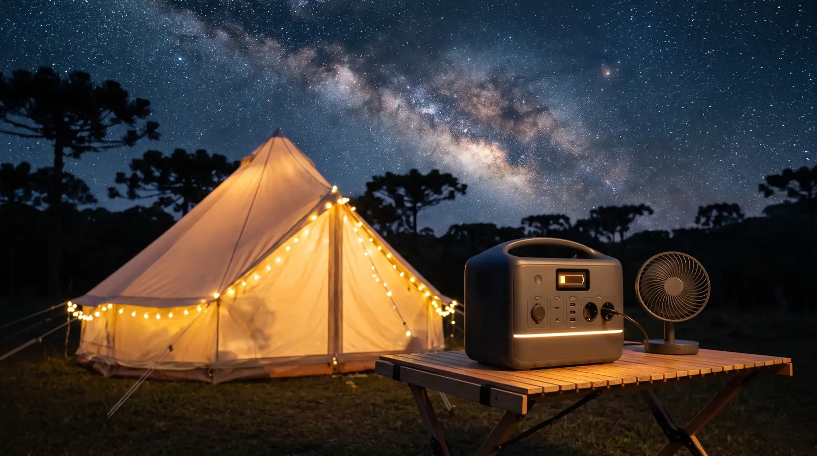 Barraca iluminada à noite com estação de energia portátil numa mesa de camping