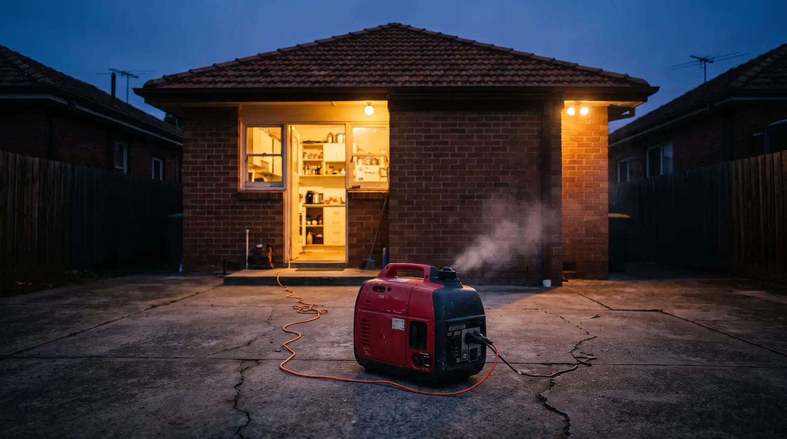 Gerador inverter funcionando no quintal de uma casa durante apagão ao anoitecer