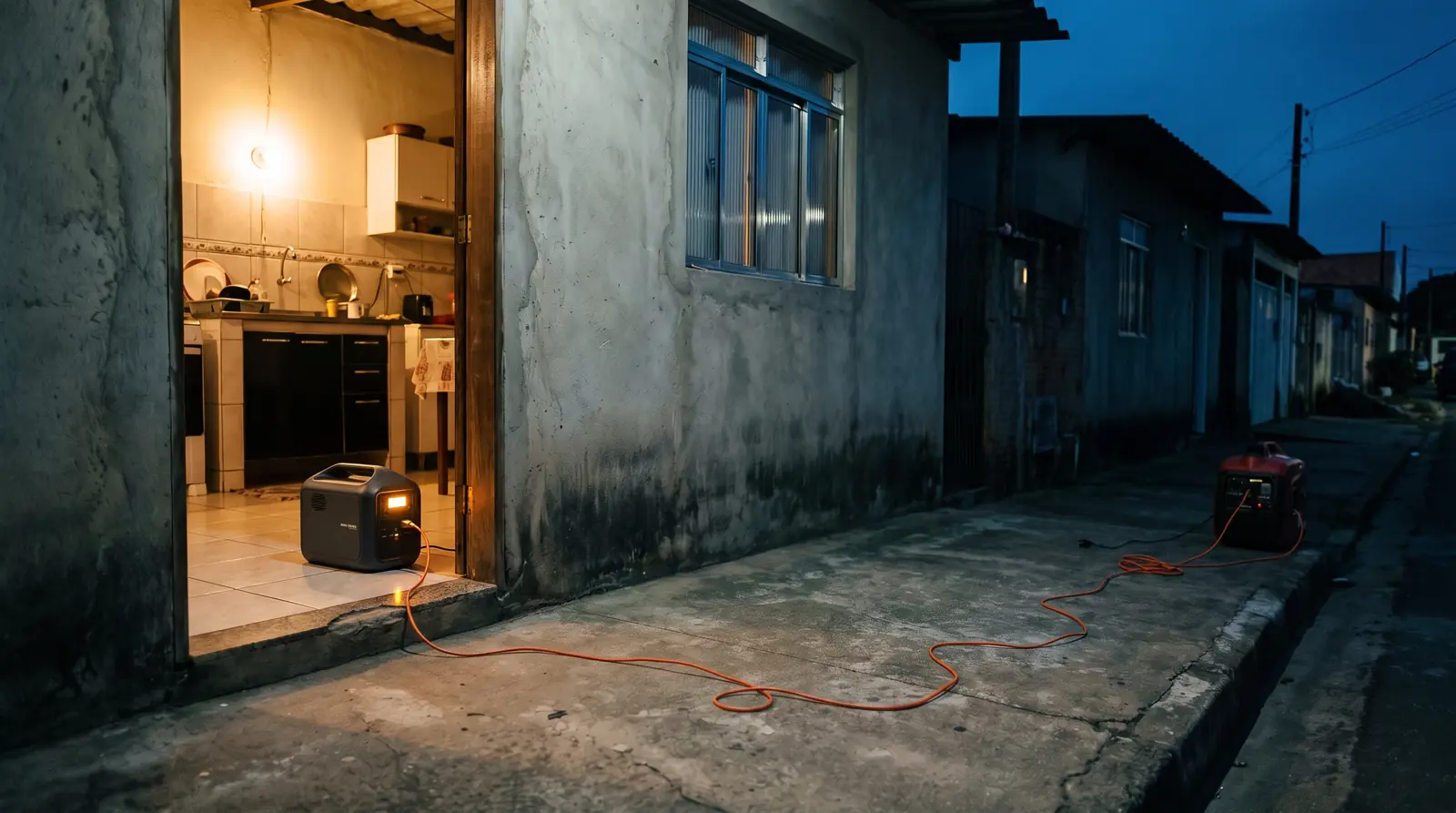 Gerador inverter vermelho na calçada, longe da casa, com extensão laranja levando energia até uma estação de energia na cozinha