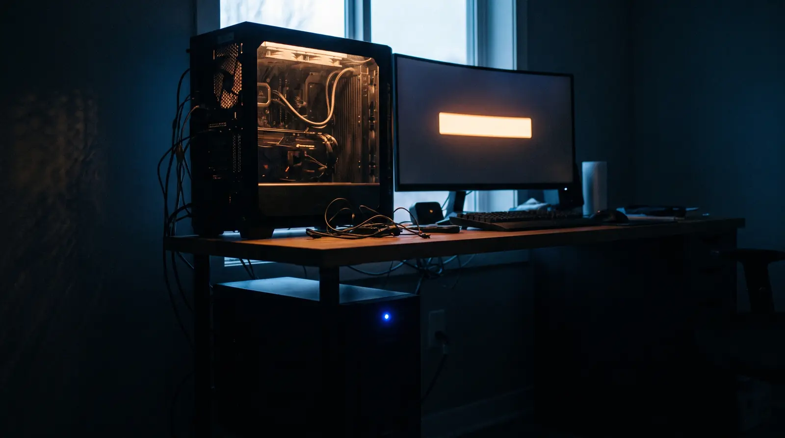 Mesa de PC gamer no escuro durante apagão, com nobreak ligado embaixo da mesa