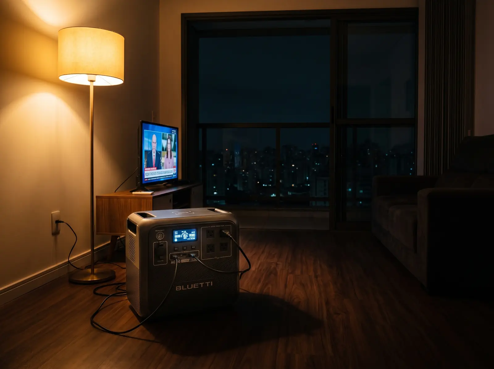 Bluetti AC180 no chão da sala alimentando abajur e TV numa noite sem luz
