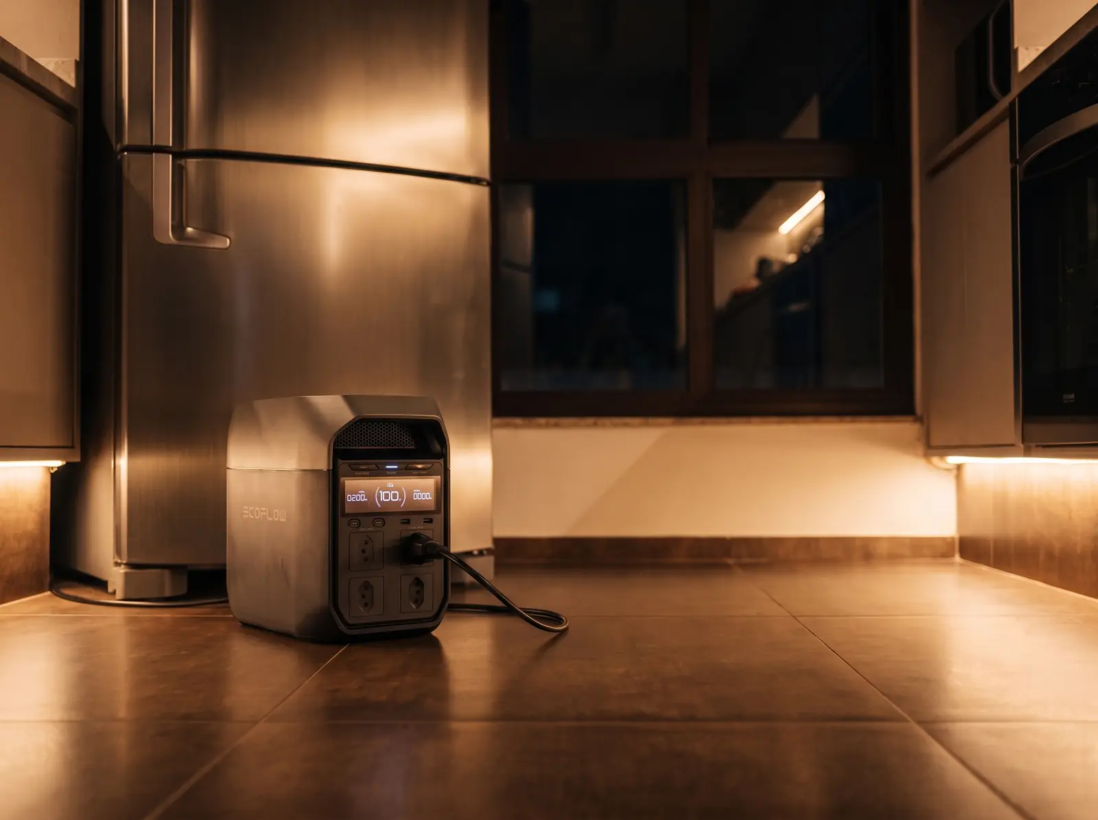 EcoFlow Delta 3 no chão da cozinha, ligada à geladeira durante a noite