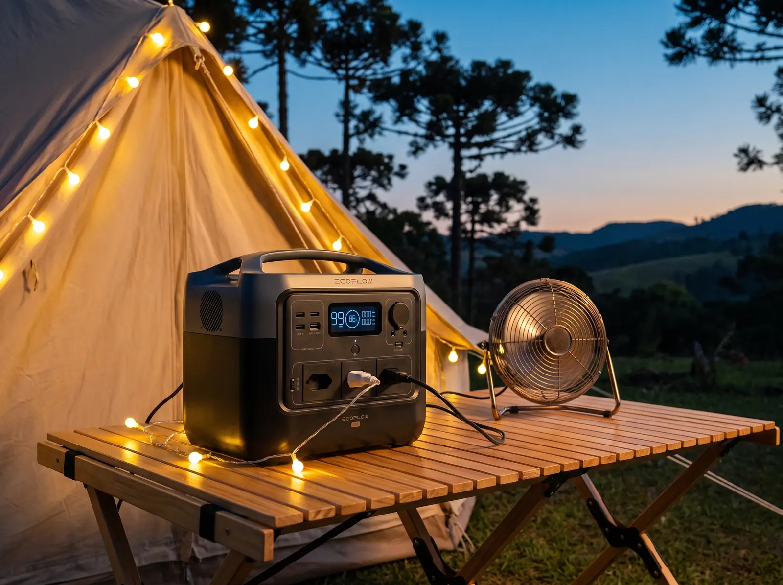 EcoFlow River 2 Pro numa mesa de camping ao entardecer, ligada a um ventilador e a um varal de luzes